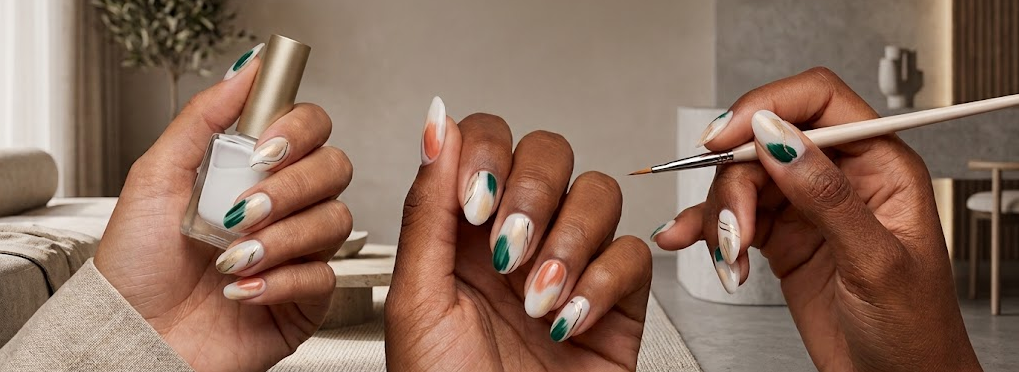 Pared de esmaltes de uñas ordenados por color en Ámbar Nail Studio